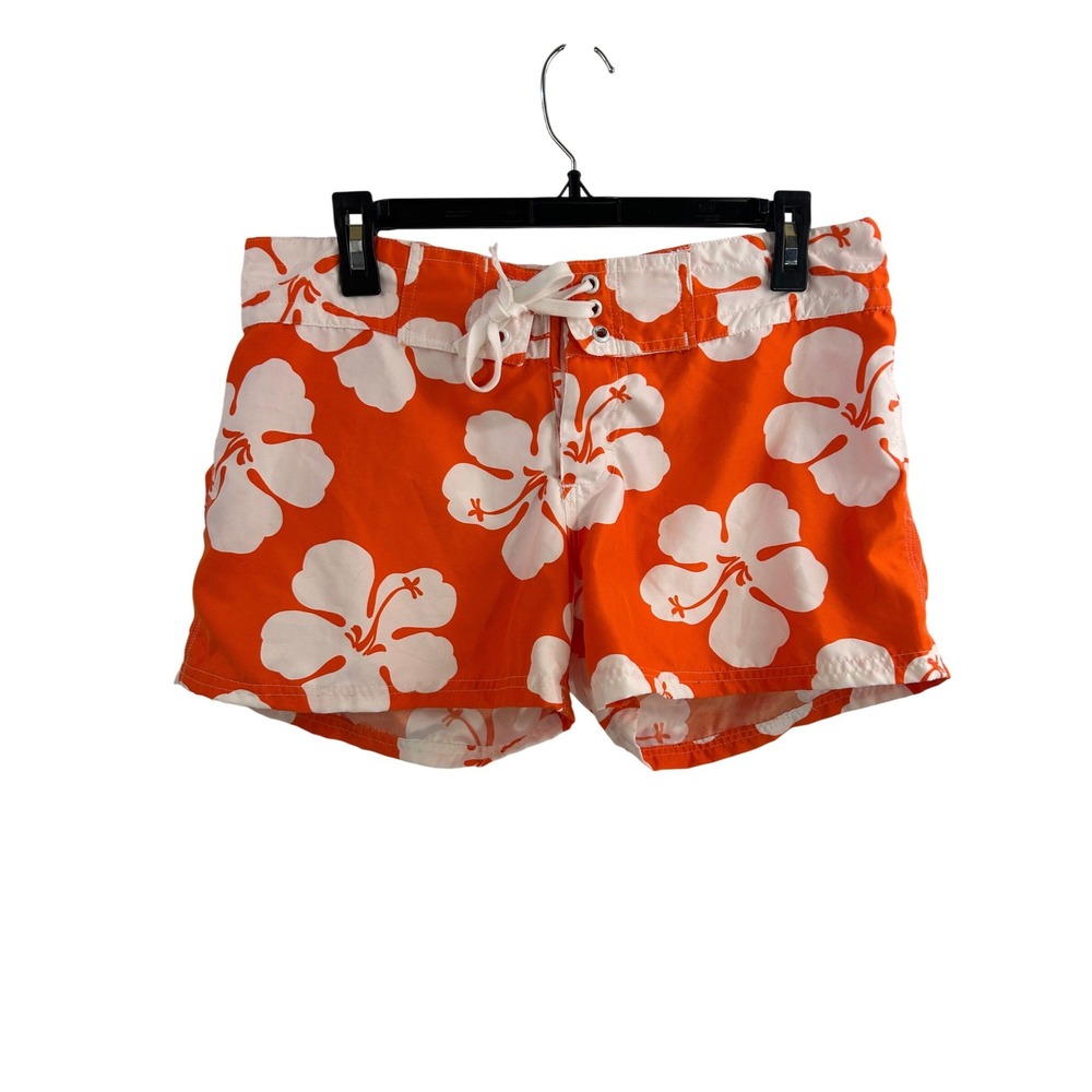 Lagaci Sport Board Shorts Large Orange White Hibiscus Floral Swim Women